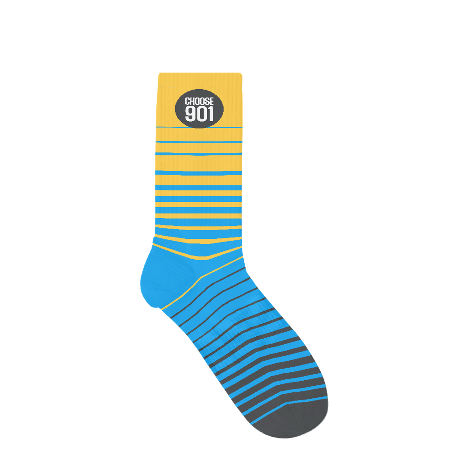 A blue and yellow striped Choose901 sock with "Choose901" text on the yellow cuff, celebrating Memphis.