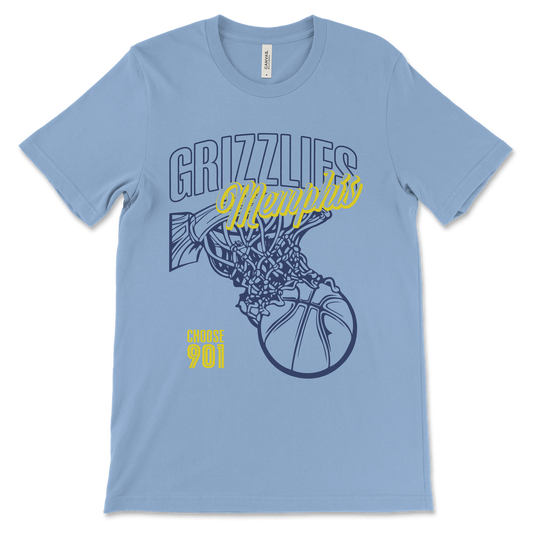 The Choose901 x Grizz Shirt on Baby Blue by Choose901 Merch Shop showcases a classic "Grizzlies Memphis" design along with "Choose 901" text and a basketball graphic going through a net, capturing the city's vibrant spirit.