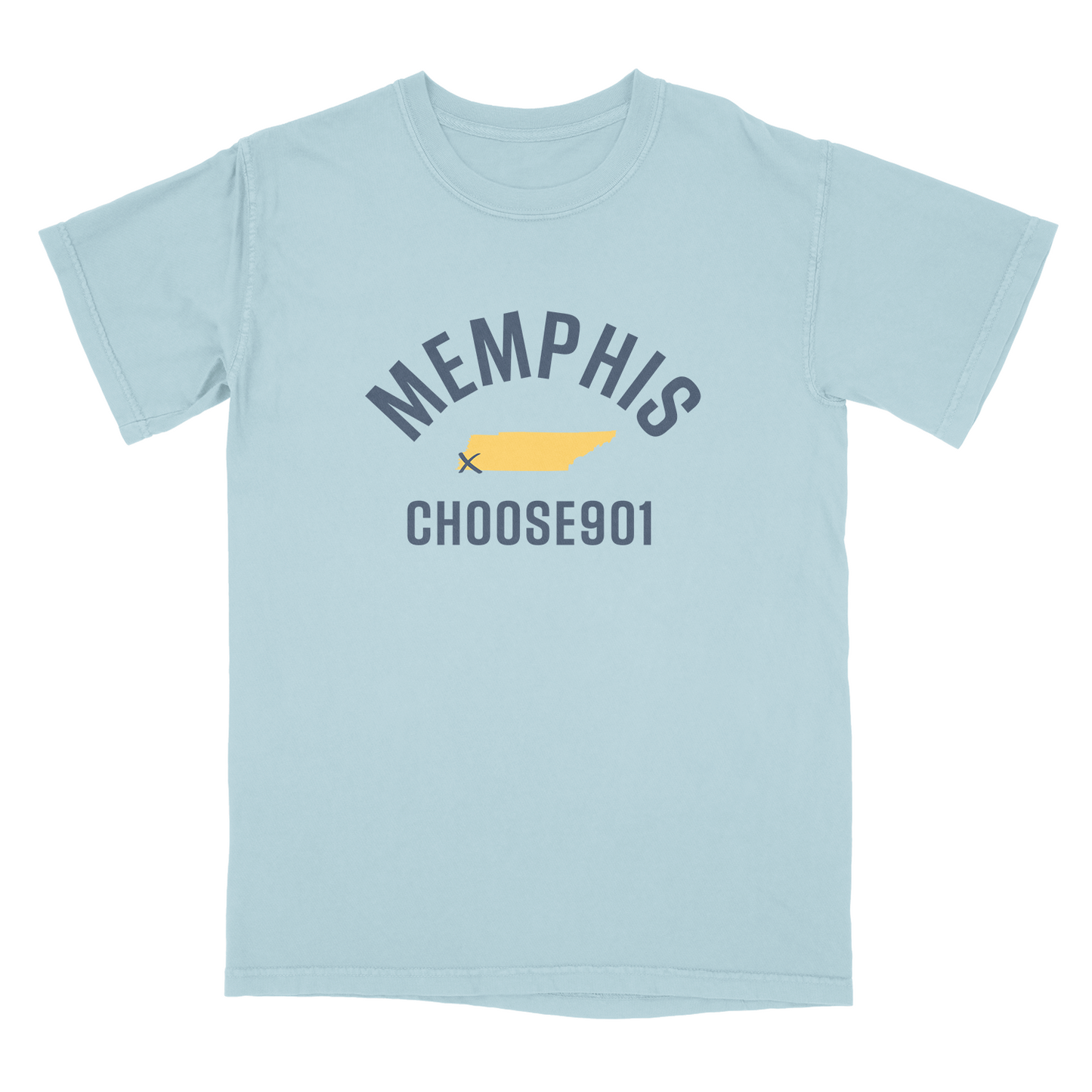 Soft and comfortable Choose901 x Memphis Short Sleeve Tee in light blue, featuring a prominent "MEMPHIS" text with an outline of Tennessee, complemented by the iconic Choose901 design beneath.